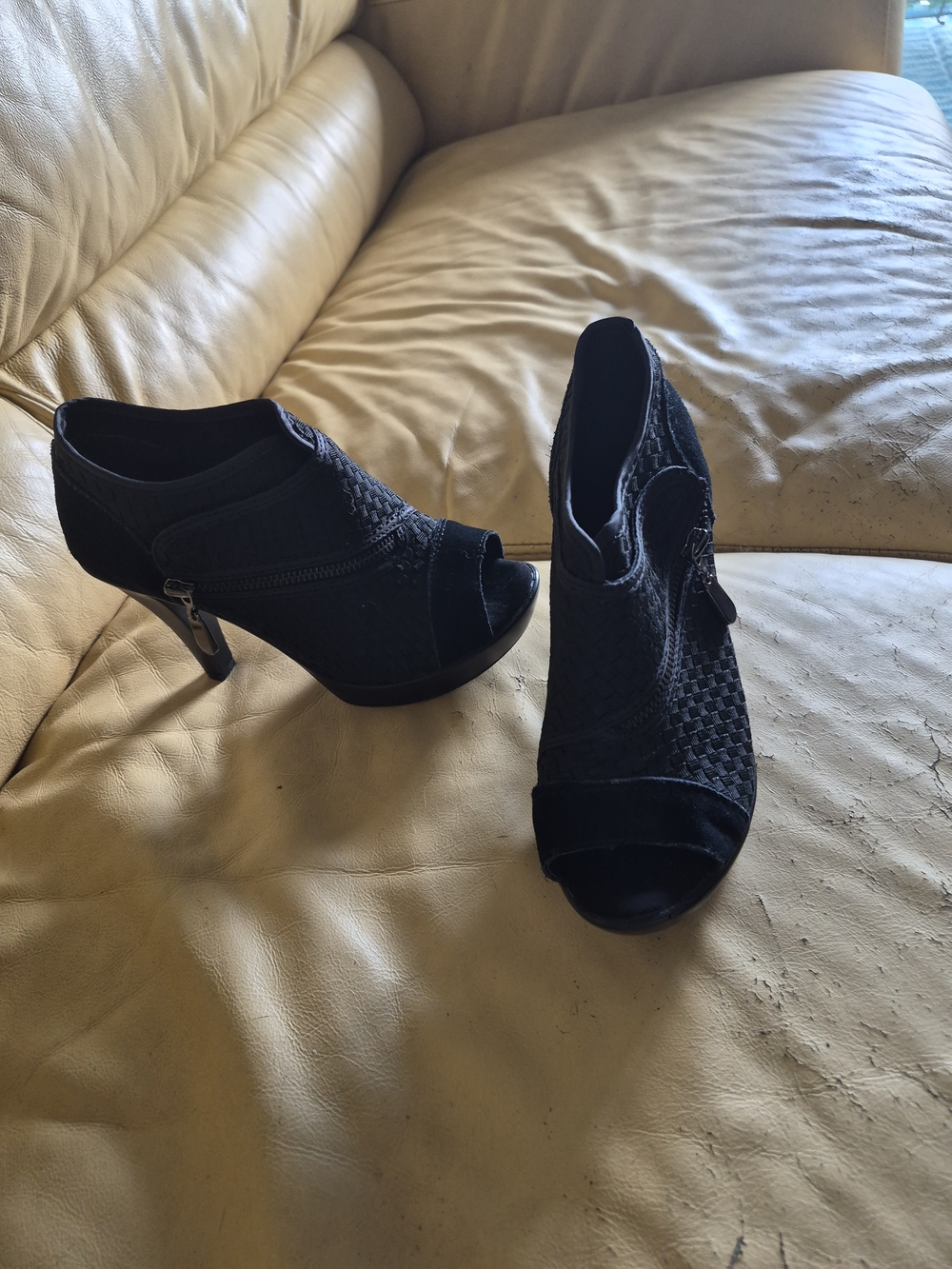 bernie mev. Black Woven Peep-Toe High Heel Booties with Side Zip